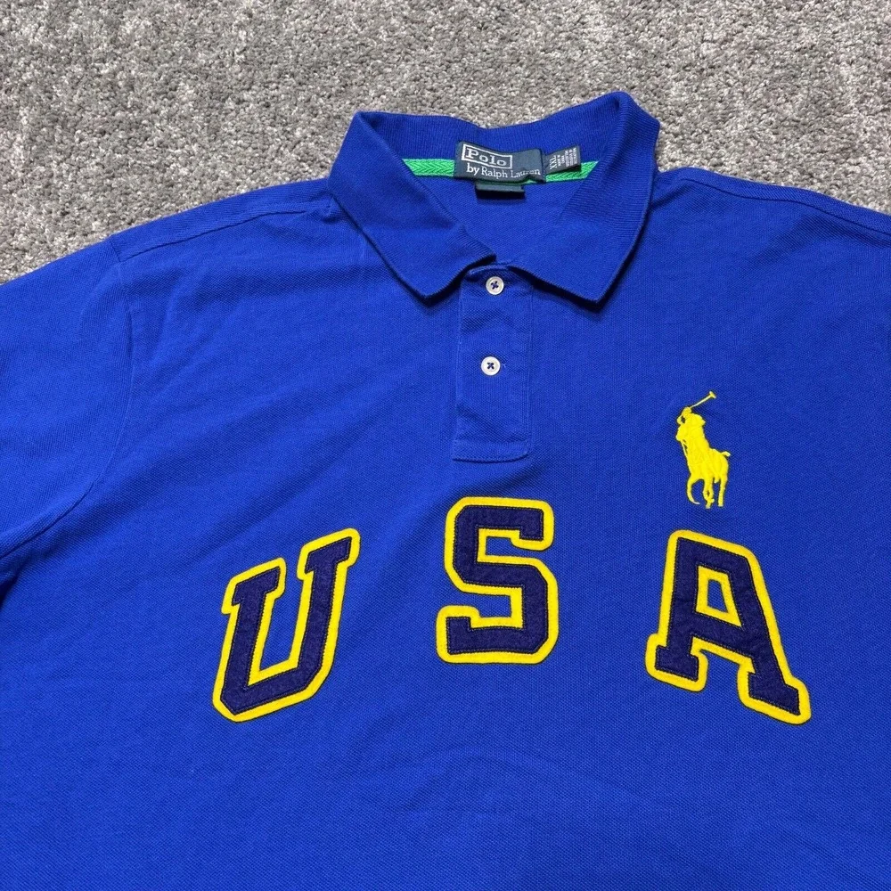 Polo Ralph Lauren Varsity Spellout USA VTG Polo Shirt Men 2XL Blue Big Pony Golf